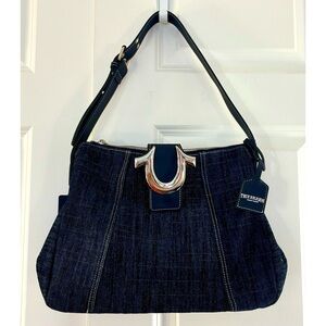 True Religion Blue Denim Silver-Tone Horseshoe Logo Shoulder Handbag